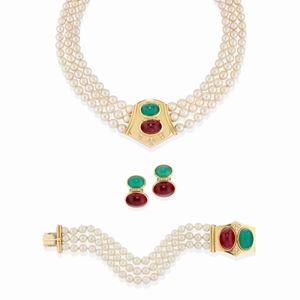 Demi-parure in 18k yellow gold, diamonds, glass paste and pearls