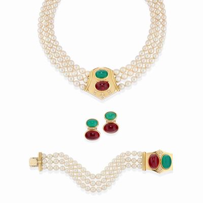 Demi-parure in Oro Giallo 18k, Diamanti, Paste Vitree e Perle