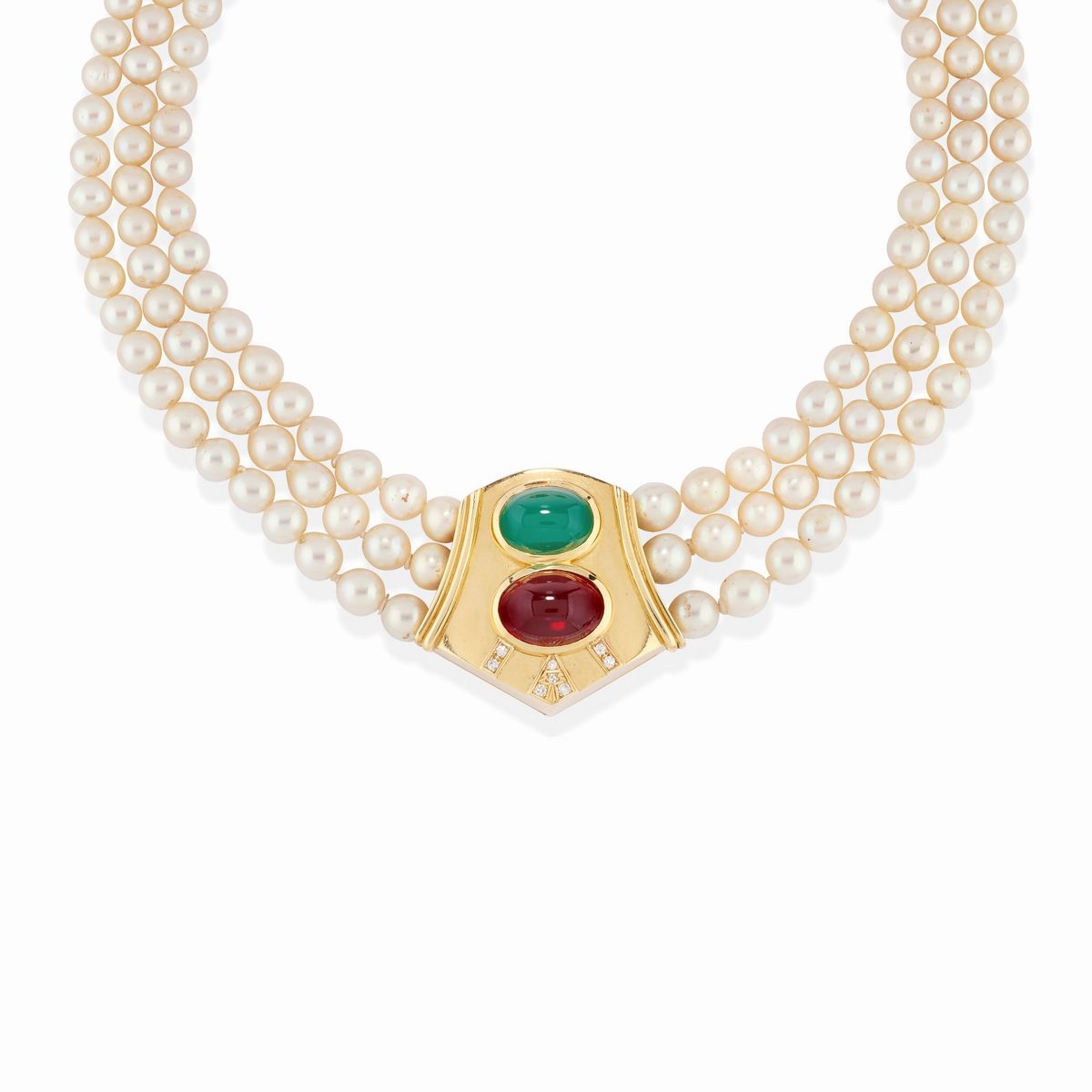 Demi-parure in Oro Giallo 18k, Diamanti, Paste Vitree e Perle