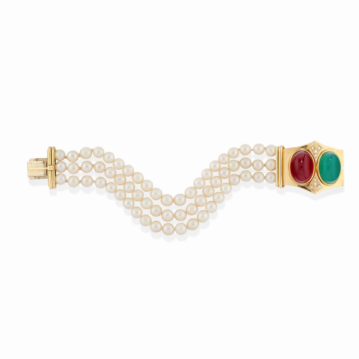 Demi-parure in Oro Giallo 18k, Diamanti, Paste Vitree e Perle