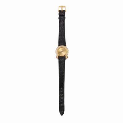 Orologio da donna in oro giallo 18K con lunetta in diamanti e rubini