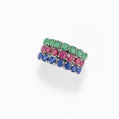 Anello in Oro Bianco 18k, Zaffiri, Rubini e Smeraldi