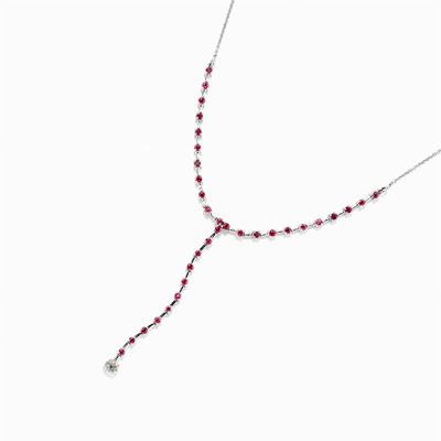 Collana in Oro Bianco 18k, Rubini e Diamante