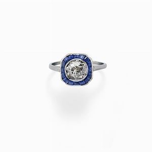 Anello in platino, diamante e zaffiri