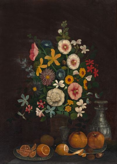 Campanule, Fiordalisi, Garofani dei Poeti ed Altri Fiori in un Vaso, Agrumi, Frutti e Vasellame s...