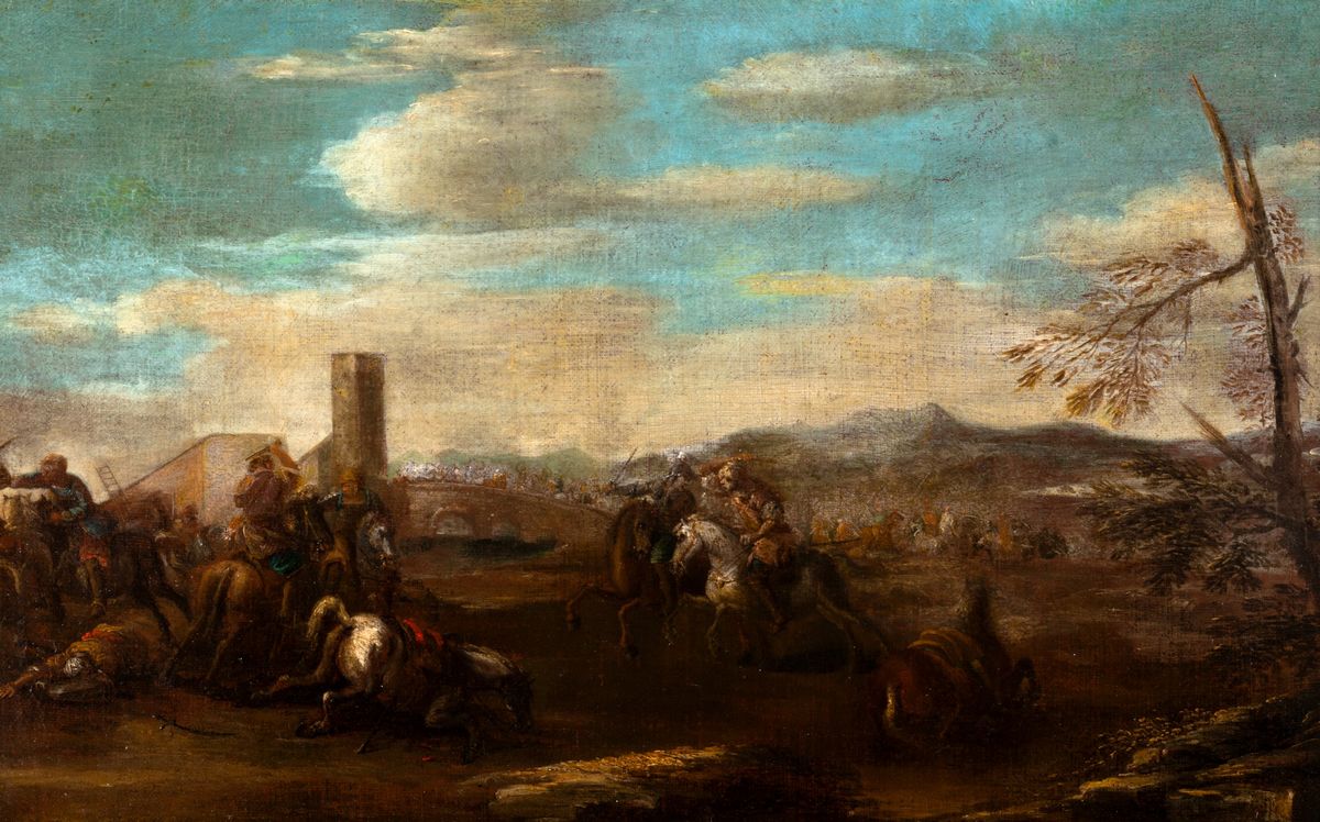 Scuola Italiana, Secolo XVII - Paesaggio con Scontro di Cavalieri