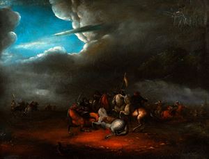 Imitatore di Salvator Rosa - Scontro di cavalieri con cielo in tempesta