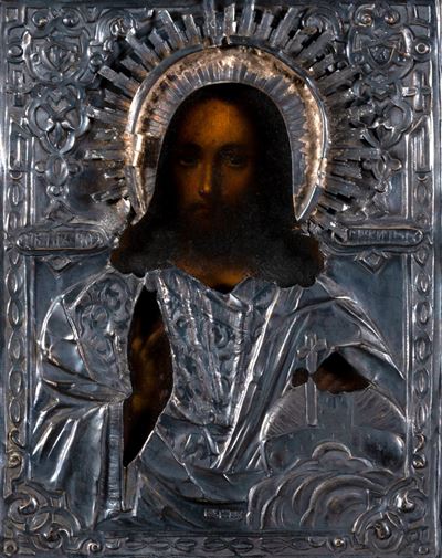 Icona Russa Raffigurante Cristo Benedicente, con Riza in Argento, Secolo XIX