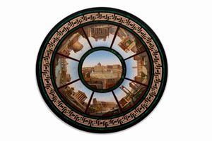 Piano di tavolo circolare in micromosaico con vedute di Roma