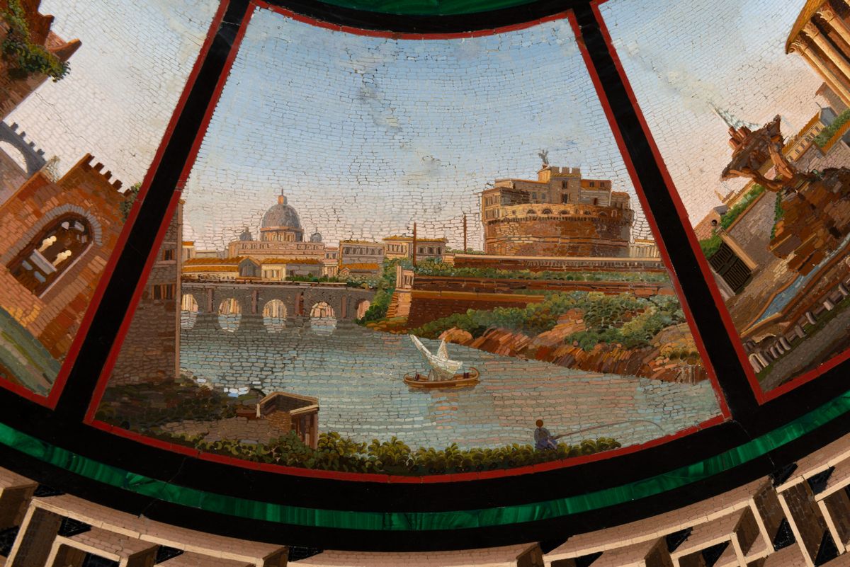 Scuola Romana, Metà del Secolo XIX - Piano Circolare in Micromosaico con Vedute di Roma