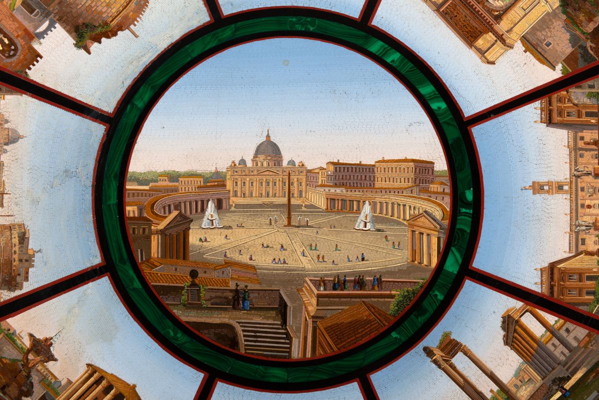 Scuola Romana, Metà del Secolo XIX - Piano Circolare in Micromosaico con Vedute di Roma