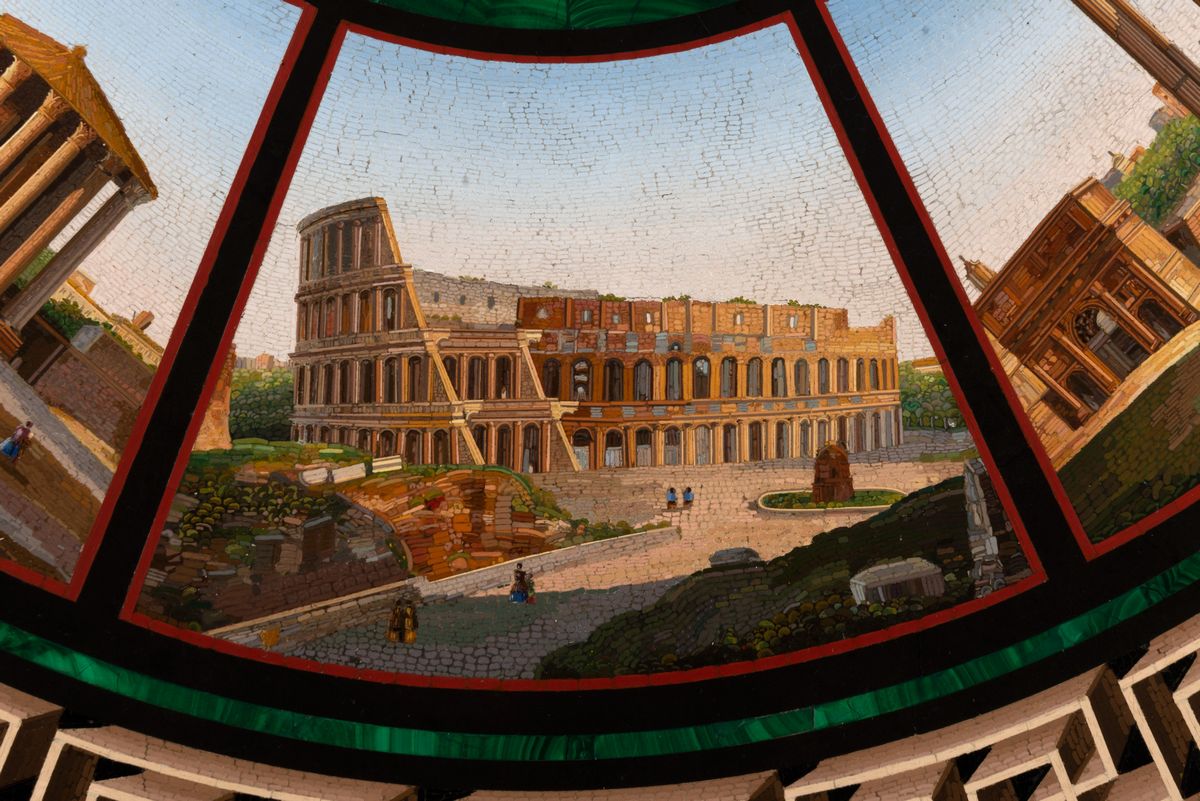 Scuola Romana, Metà del Secolo XIX - Piano Circolare in Micromosaico con Vedute di Roma