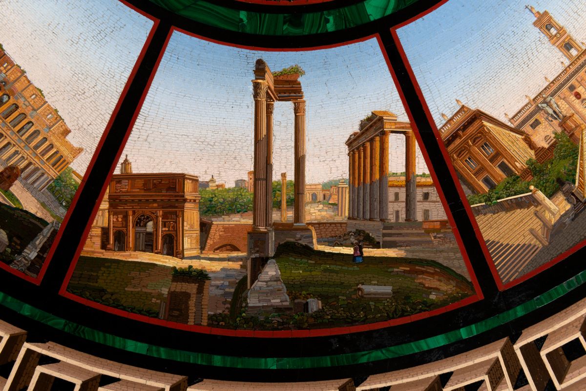 Scuola Romana, Metà del Secolo XIX - Piano Circolare in Micromosaico con Vedute di Roma