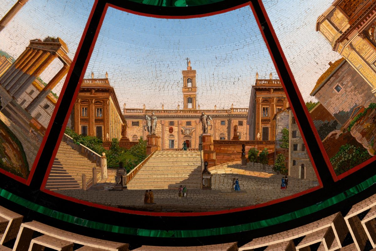 Scuola Romana, Metà del Secolo XIX - Piano Circolare in Micromosaico con Vedute di Roma