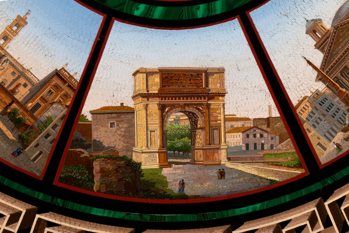 Scuola Romana, Metà del Secolo XIX - Piano Circolare in Micromosaico con Vedute di Roma