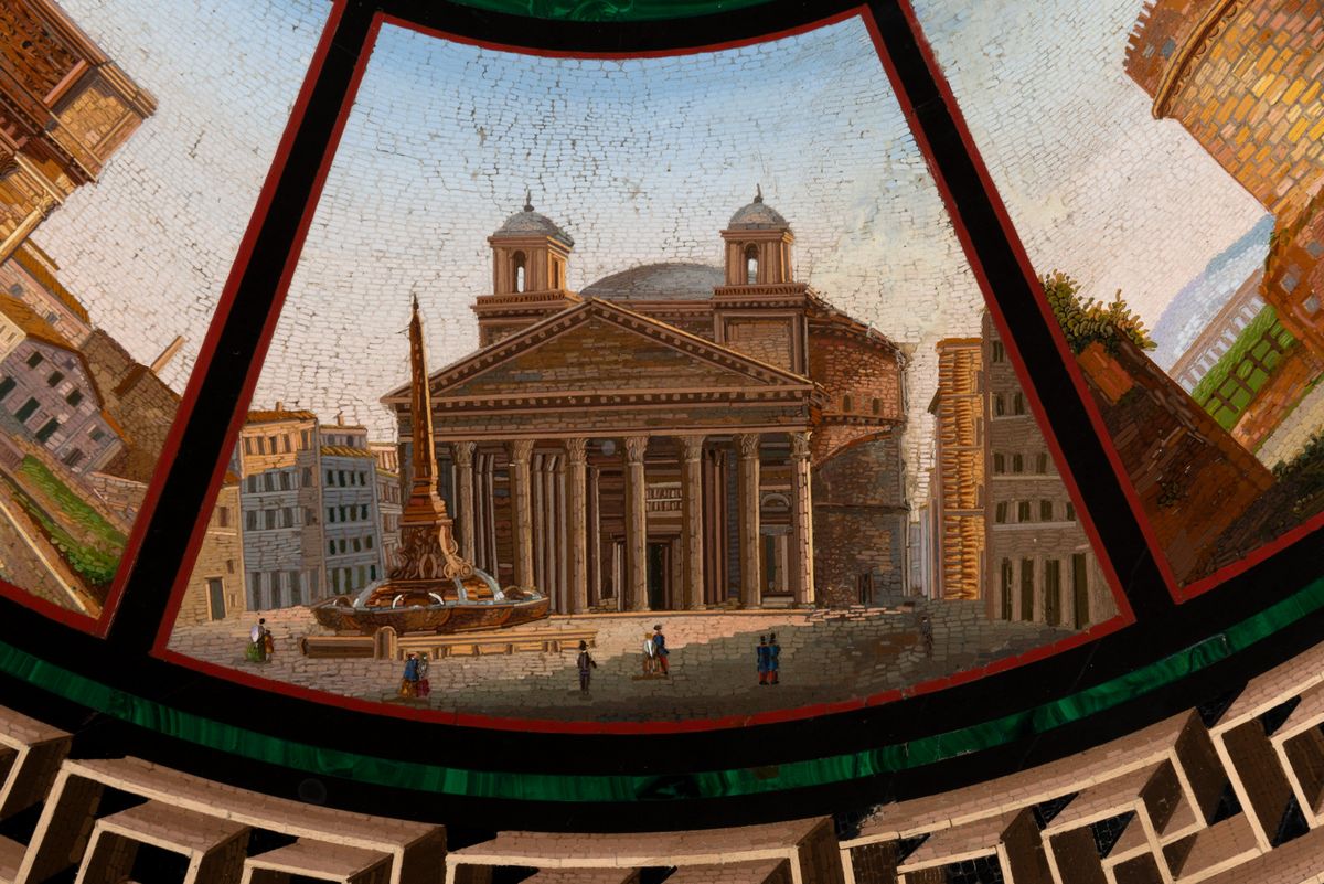 Scuola Romana, Metà del Secolo XIX - Piano Circolare in Micromosaico con Vedute di Roma