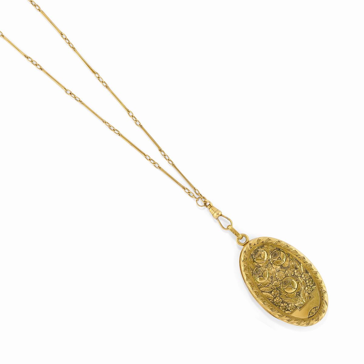 Due spille e quattro catene in oro giallo 18K con diamanti e zaffiri