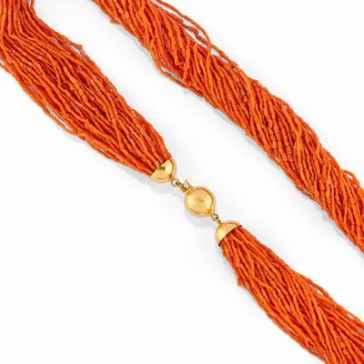 Collana in oro giallo 18 carati e corallo arancio, realizzata a torchon