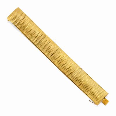 Bracciale in oro giallo 18K, 1960 circa, a nastro con maglie snodate