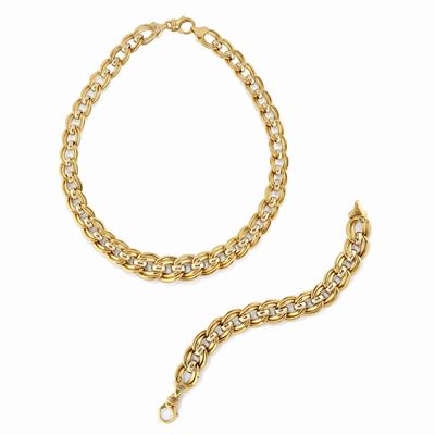 Demi-parure in oro bicolore 18K, collana e bracciale a doppia maglia groumette