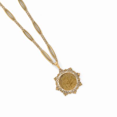 Collana in oro giallo 18K con pendente a motivo religioso