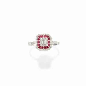 A 18K white gold, ruby and diamond ring