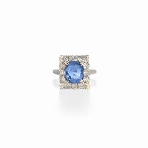 A 14K white gold, sapphire and diamond ring, circa 1950