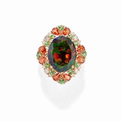 Anello in oro rosa 18K con opale cabochon, tsavoriti, diamanti e zaffiri