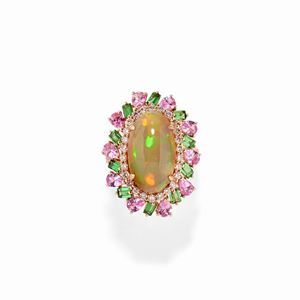  - Anello in oro rosa 18K con opali, tsavoriti, diamanti e zaffiri rosa