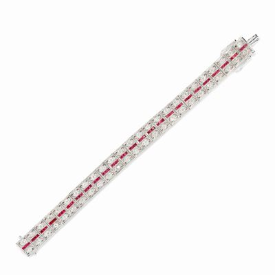Bracciale in oro bianco 18K con rubini taglio carrè e diamanti taglio rosa