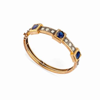 Bracciale, oro rosso 18K e argento con zaffiri ovale e diamanti antichi, XIX secolo