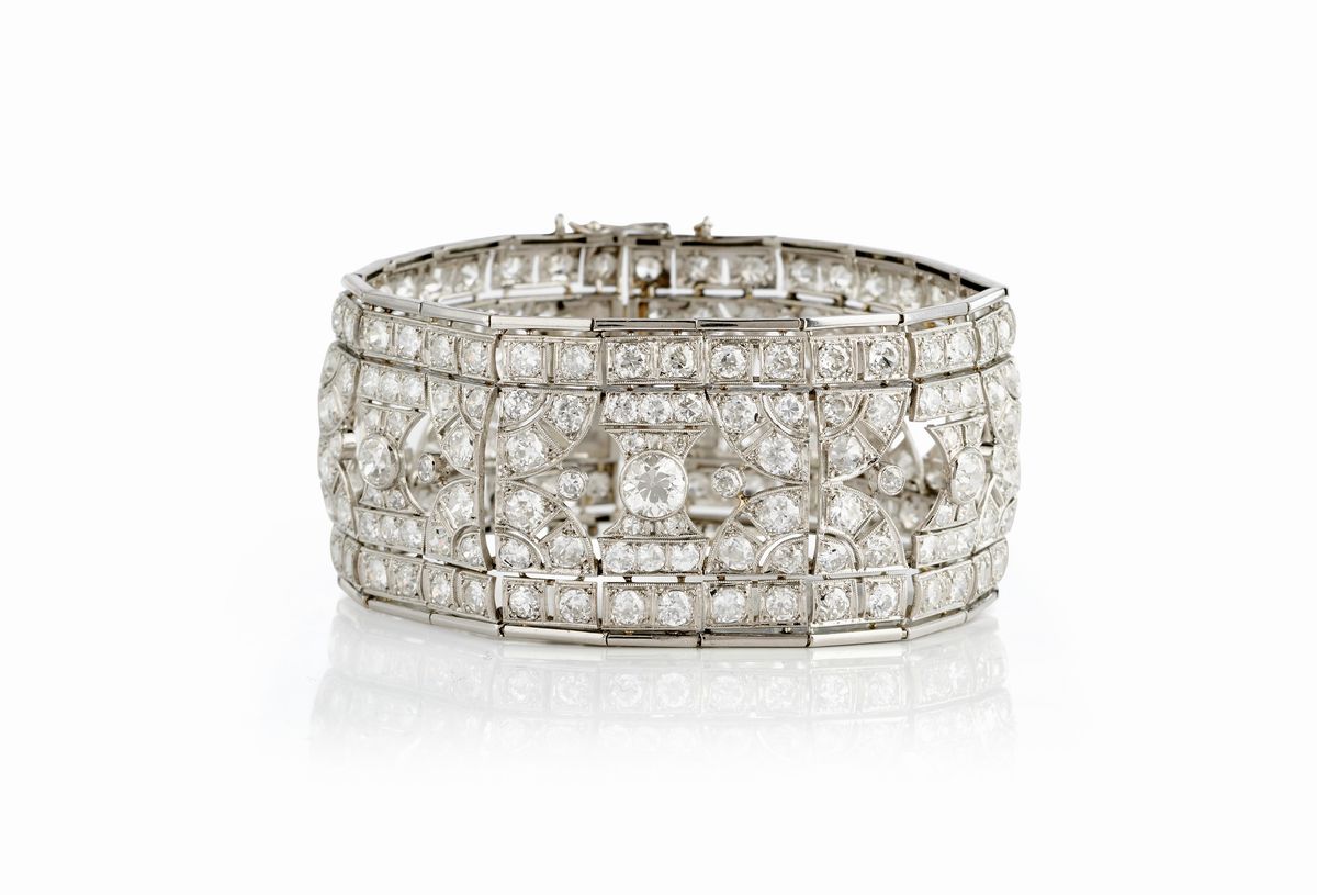 Bracciale in platino con diamanti taglio vecchio, rosa e brillante, circa 1930