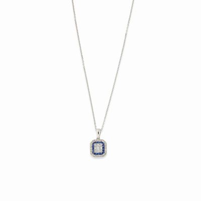 Collana in oro bianco 18K con pendente ottagonale in diamanti e zaffiri