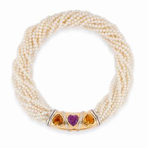 Pearl necklace, amethyst, citrine, quartz and 14K yellow gold
