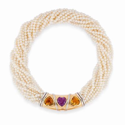 Collana di perle coltivate con ametista, citrini e chiusura in oro bicolore 14K