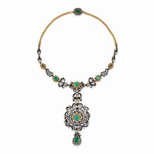  - Collana in oro giallo 18K, argento, diamanti e smeraldi, XX secolo