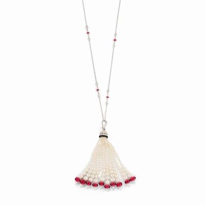 Collana in oro bianco 18K con pendente apribile, perle coltivate, diamanti, rubini e onice