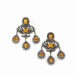 Orecchini in argento, oro rosso 14K, quarzi citrini e diamanti