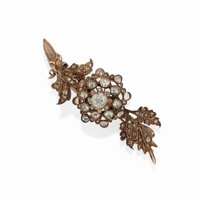 Spilla in oro rosso 14K e argento decorata con diamanti, XIX secolo