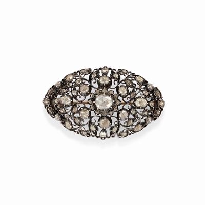 Spilla in oro rosso 14K, argento e diamanti taglio rosa, XIX secolo