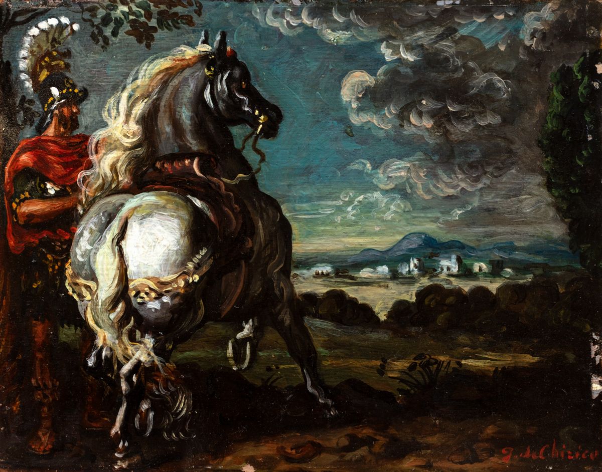 Giorgio de Chirico - Cavallo e cavaliere nel paesaggio metà Anni