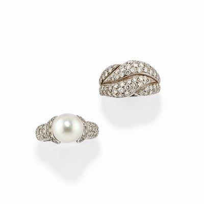 Due Anelli in Oro Bianco 18k, Diamanti e Perla Coltivata
