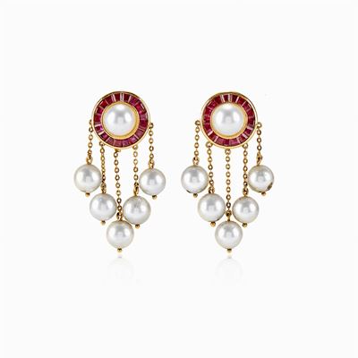 Demi Parure in Oro 18k, Perle Coltivate, Rubini e Diamanti