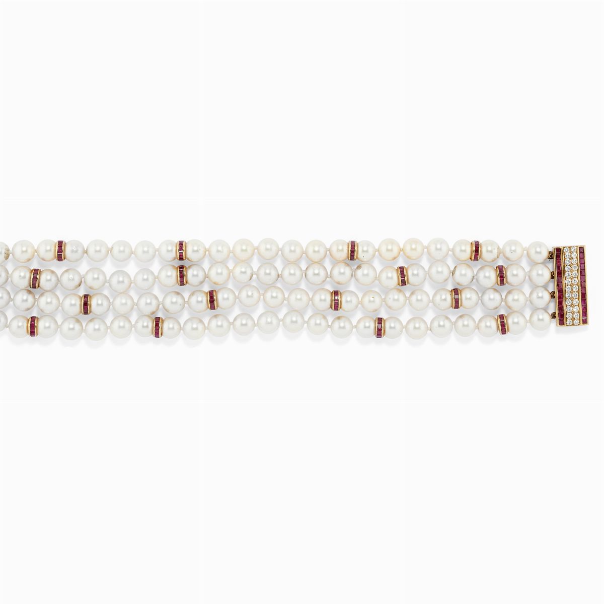 Demi Parure in Oro 18k, Perle Coltivate, Rubini e Diamanti