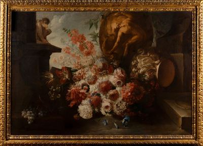 Trionfo di Fiori con Vaso Istoriato Raffigurante Caino e Abele, Capitello Riccamente Scolpito e S...