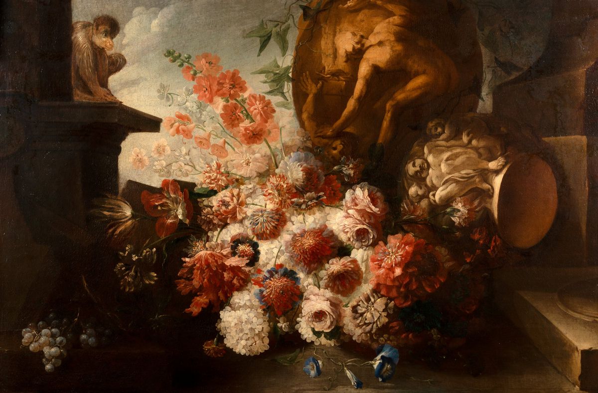 Andrea Belvedere - Trionfo di Fiori con Vaso Istoriato Raffigurante Caino e Abele, Capitello Ricc...