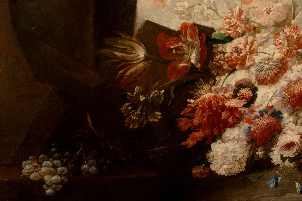 Andrea Belvedere - Trionfo di Fiori con Vaso Istoriato Raffigurante Caino e Abele, Capitello Ricc...