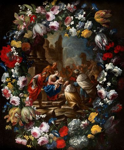 Adorazione dei Magi Entro Ghirlanda di Fiori