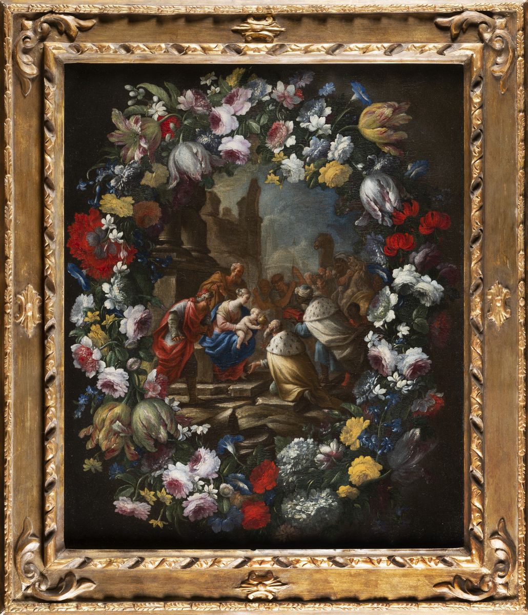 Nicola Vaccaro, Giuseppe Recco - Adorazione dei Magi Entro Ghirlanda di Fiori