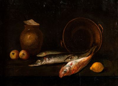 Pesci, Frutti e Vasellame su un Tavolo da Cucina